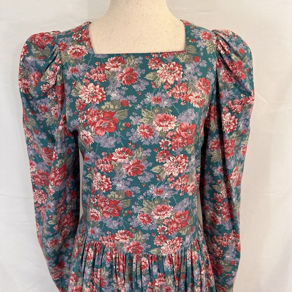 Vintage Laura Ashley Prairie Maxi Dress Floral Cottagecore 10 Cotton Puff Teal - Picture 2 of 12
